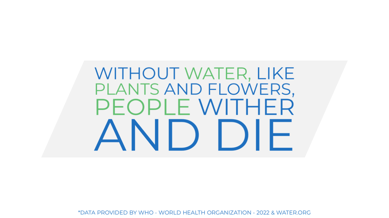 Without water, like plants and flowers, people wither and die. Data provided by WHO - World Health Organization - 2022 & water.org