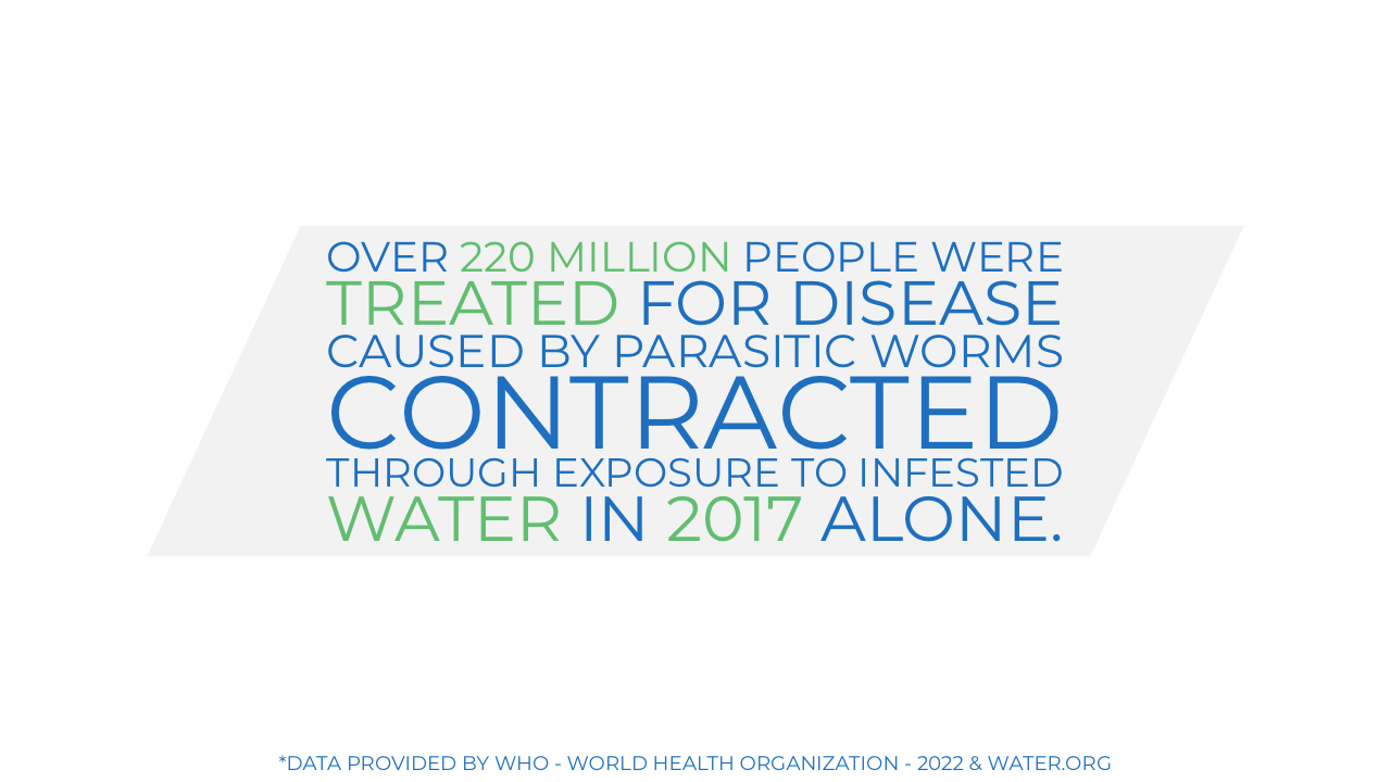 Over 220 million people were treated for disease caused by parasitic worms contracted through exposure to infested water in 2017 alone. Data provided by WHO - World Health Organization - 2022 & water.org